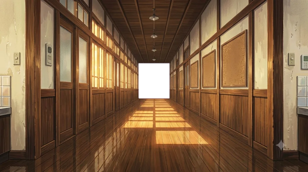 A school corridor in late afternoon light