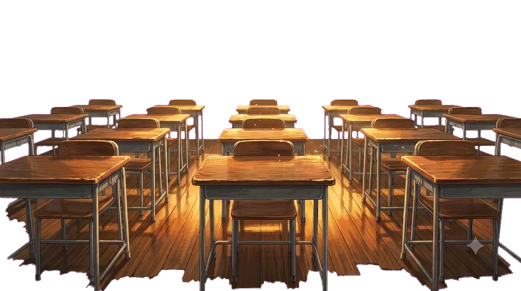 An empty classroom in late afternoon light